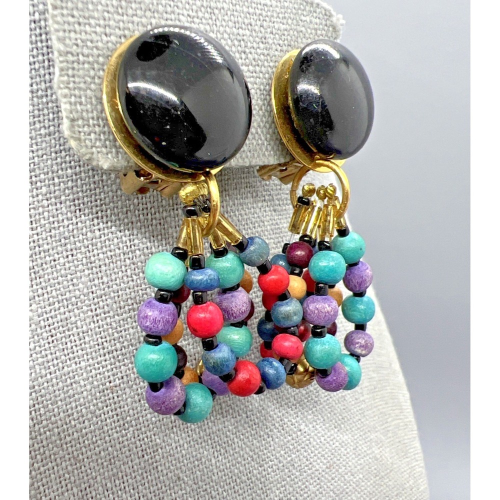 Vintage Boho Wood Beaded Dangle Clip On Earrings Multi Color Gold Tone